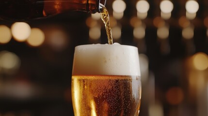 Dark Brown Bottle Pouring Beer into a Glass. Close-Up of Light, Fresh Lager Beer with a Steamed-Up Glass. Beer Foams as It Pours
