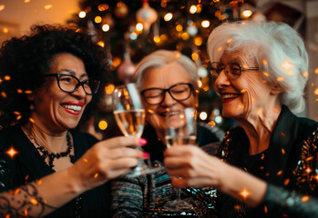 Fototapeta premium AI generated photo with multi ethnic senior women friends celebrating New Year's Eve with champagne and confetti. Festive sparkle New year's party