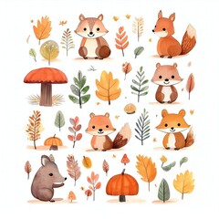 Watercolor style cliparts on the theme of autumn