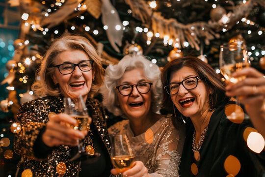 AI generated photo with multi ethnic senior women friends celebrating New Year's Eve with champagne and confetti. Festive sparkle New year's party