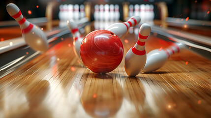Dramatic Bowling Strike with Pins Mid-Air, red bowling ball crashes into a set of ten white pins with red stripes