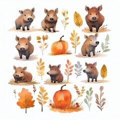 Watercolor style cliparts on the theme of autumn