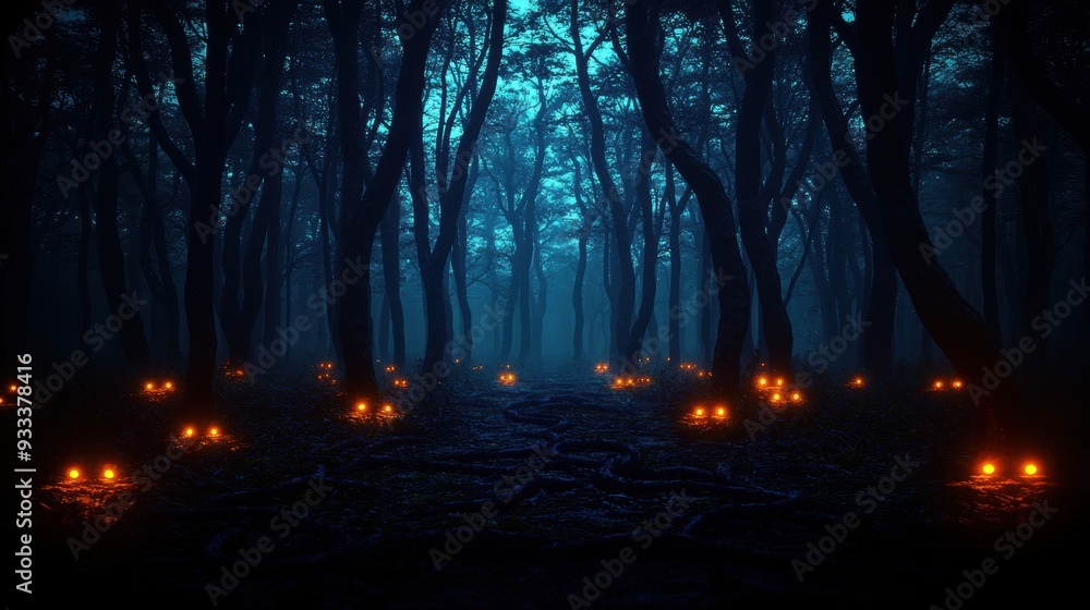 Poster Enchanted Dark Forest with Glowing Eyes and Twisted Paths - Mysterious Wilderness Landscape with Copy Space for Text - Selective Focus