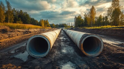 Two large concrete pipes lie in a muddy ditch under a cloudy sky.
