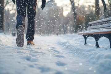 Footprints in Snow with a Bench in the Background