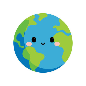 Happy earth planet icon with cute smiling face. Vector cartoon illustration of globe.