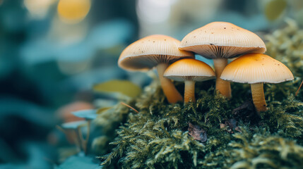 Fototapeta premium Close-up of mushrooms on forest floor, autumnal scene, soft focus background