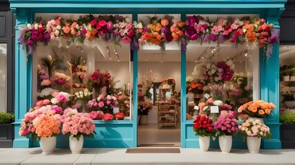 An elegant flower shop brimming with vibrant, fresh blooms. The storefront is adorned with cascading floral arrangements, and inside, the shop is filled with a variety of colorful flowers in beautiful
