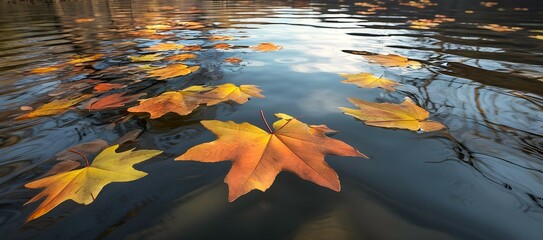 Few autumn leaves are falling and floating in lake water or river