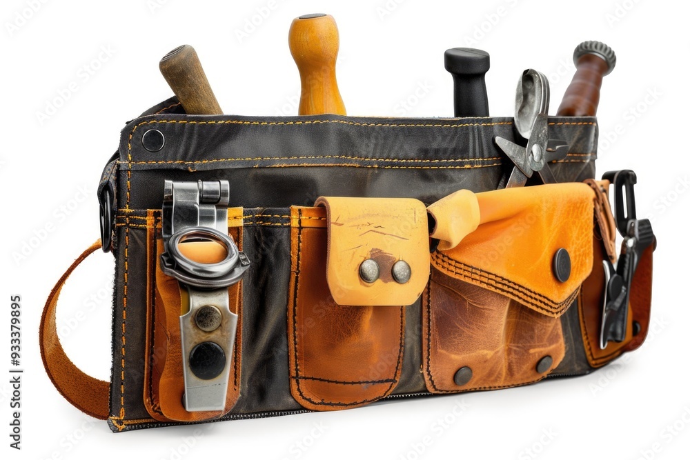 Poster a tool belt filled with various tools on a white background, useful for diy projects or photography