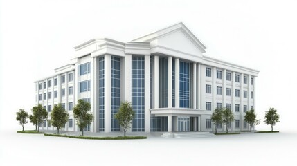 Fototapeta premium White building with large windows and columns, surrounded by green bushes.