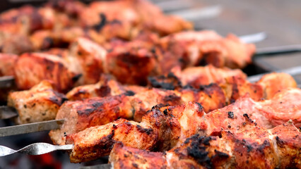 Close-up of sizzling kebabs on skewers grilling over an open flame. Perfect for showcasing outdoor cooking and barbecue flavors.