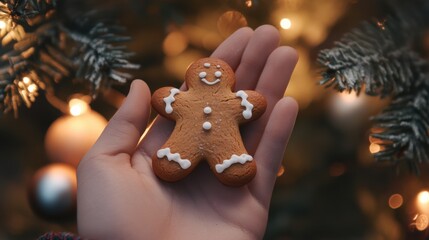 A hand holding a gingerbread man in front of christmas tree, AI