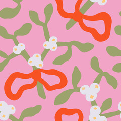 Christmas seamless pattern with a mistletoe branch with berries, leaves and a red ribbon with a bow. Seamless New Year print in minimalistic flat style.