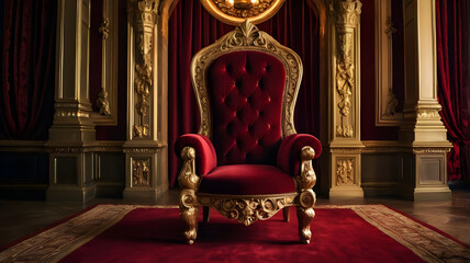 A red chair with a gold frame and red curtains with candles on it.