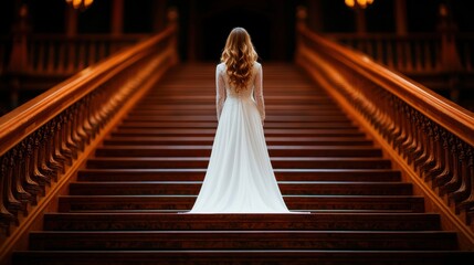 Fototapeta premium Eerie Ghostly Woman on Grand Staircase with Copy Space - Ultra HD Image