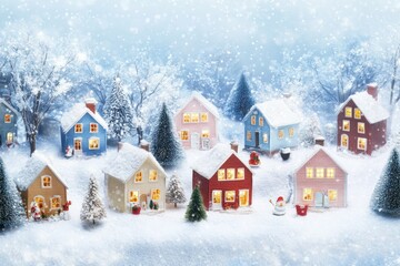 Fototapeta premium A Snowy Winter Village with Illuminated Houses and Christmas Decorations