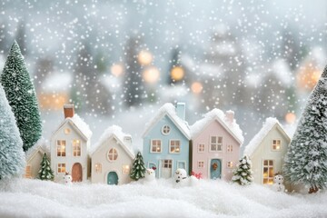 Fototapeta premium Miniature Snowy Village with Christmas Lights and Snowmen