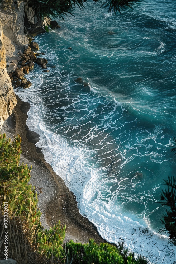Poster a scenic view of the ocean from the top of a cliff, perfect for use in travel or nature-themed proje