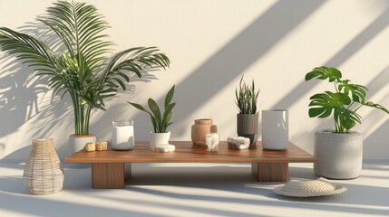 Wooden coffee table with plants and decor in a minimal and modern interior.