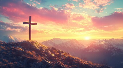 Wooden cross stands atop a mountain peak against a beautiful sunset with snow-capped mountains in the distance.