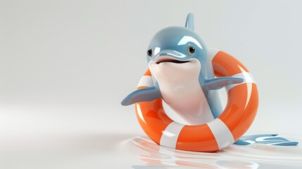 A cartoon dolphin holding onto a life preserver against a white background.
