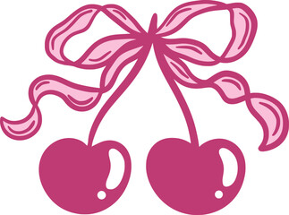 Charming vector illustration of two cherries tied together with a decorative ribbon bow. Hand drawn fruit. Coquette aesthetic.
