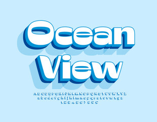 Vector blue image Ocean View with 3D Alphabet Letters and Numbers set. Creative Bold Font.