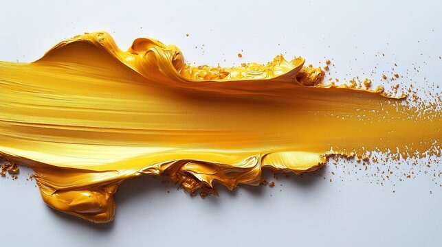 expressive gold paint stroke on pristine white background bold artistic gesture captures movement and creativity in a minimalist composition