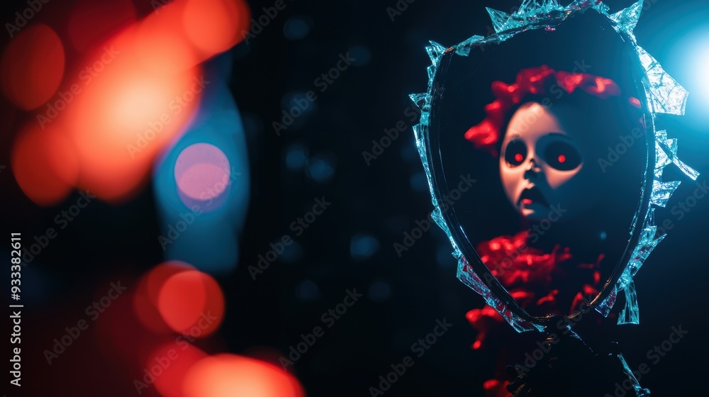 Poster creepy haunted doll with moving reflection in broken mirror - ultra hd image with copy space