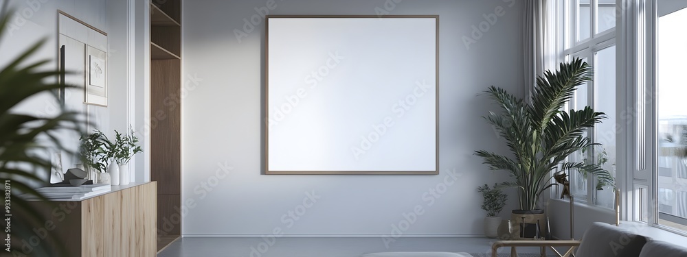 Fototapete A 3D rendered mockup of a white background frame set in a clean minimalist Scandinavian inspired apartment interior with natural materials muted color tones and geometric shapes that create a calm
