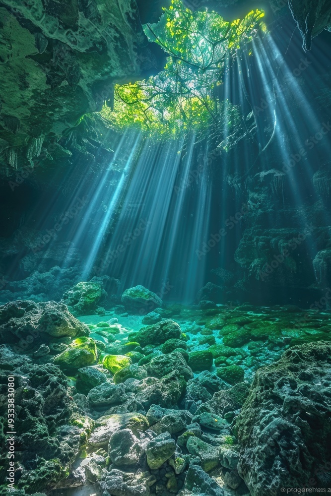 Poster warm sunlight filtering through a hole in a cave
