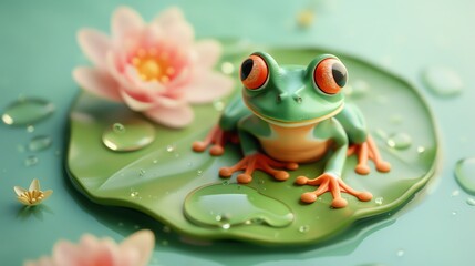 A cute cartoon frog sitting on a lily pad with water drops.