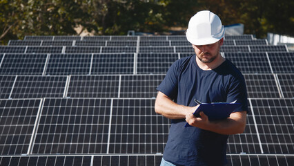 Professional engineers inspect solar panel installation on a rooftop under sunlight. Detailed check of the solar system setup for efficiency and quality.