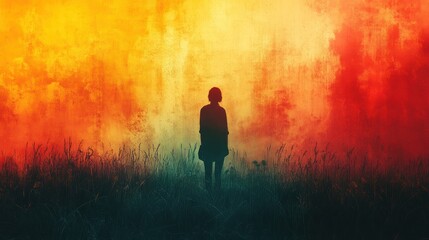 Silhouette of a Person in a Field of Grass with a Warm, Glowing Background