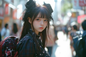 a japanese teen girl in lolita fashion, fairycore, dreamcore, miniskirt, in the street of Tokyo, she has a flair on her face, healthy skin.