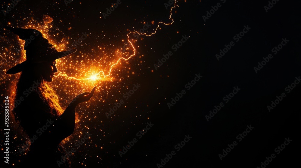 Poster Enchanting Witch Casting Powerful Spell with Crackling Lightning - Focus on Magic and Copy Space for Text in Ultra HD Quality