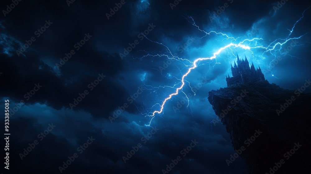 Poster mysterious gothic castle on cliff with lightning strike background - ultra hd with copy space for te