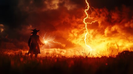 Fototapeta premium Enchanting Witch Casting Powerful Spell with Lightning - Fantasy Background with Copy Space for Text, Selective Focus in Ultra HD Quality