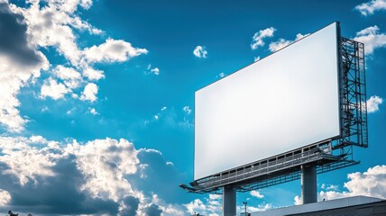 Fototapeta premium Large advertising billboard on a modern office building, reflections of blue sky and clouds with vibrant city life below, sleek and contemporary design. Empty advertising banner