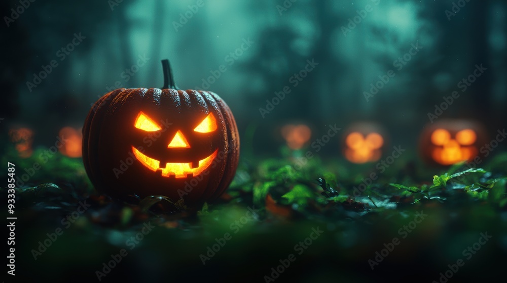 Poster Illuminated Jack-o'-Lanterns in Enchanted Forest with Ethereal Glow and Copy Space for Text in Ultra HD