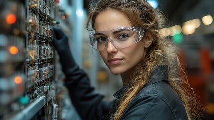 Fototapeta premium female electrician in protective gear working on open fuse box concentration evident surrounded by tools and wires in industrial setting
