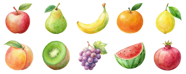 Fresh fruits in watercolor illustration set. Each product in pastel colors and isolated on transparent background.