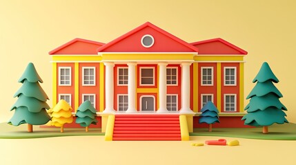 Fototapeta premium 3D rendering of a red and yellow house with columns and a red staircase.