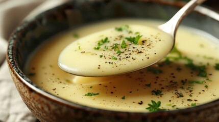 A close-up of a spoon dipping into a bowl of rich cream soup, ready to be enjoyed