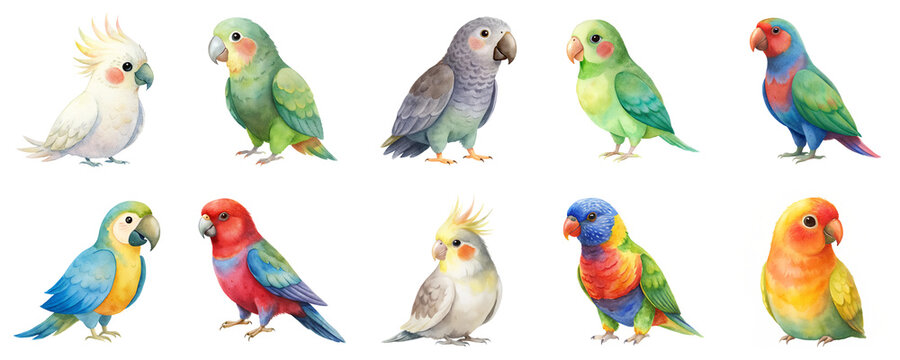 Collection of vibrant parrots in detailed watercolor illustration set. Each bird is with vivid colors, unique species and isolated on transparent background.