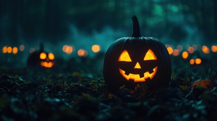Obraz premium Enchanting Moonlit Pumpkin Patch in Eerie Foggy Night - Halloween Theme with Copy Space, Selective Focus (Ultra HD)