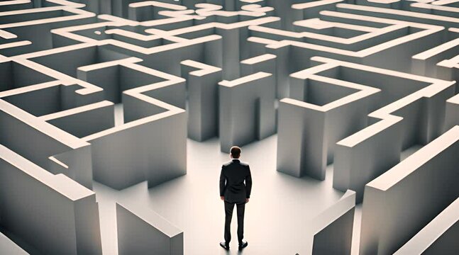 Businessman Navigating a Maze in Search of Solutions
