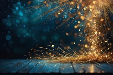 Sparkling Gold on Blue Background with Wooden Table