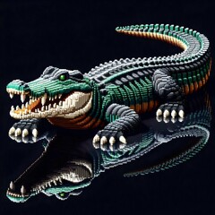 3D pixelated crocodile reflected in water, isolated on black background